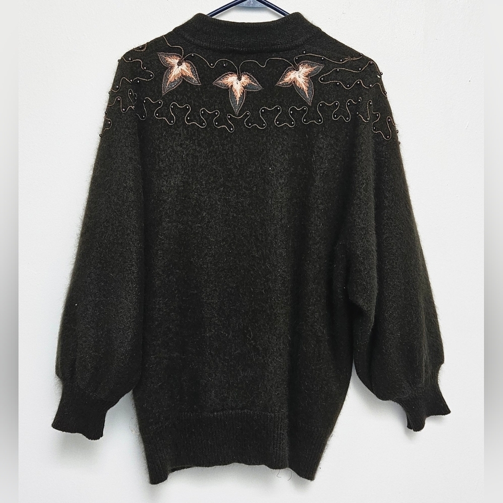 Vintage VIMI 100% Angora Wool Embroidered Dark Chocolate Sz L Lined Cardigan - Picture 3 of 15